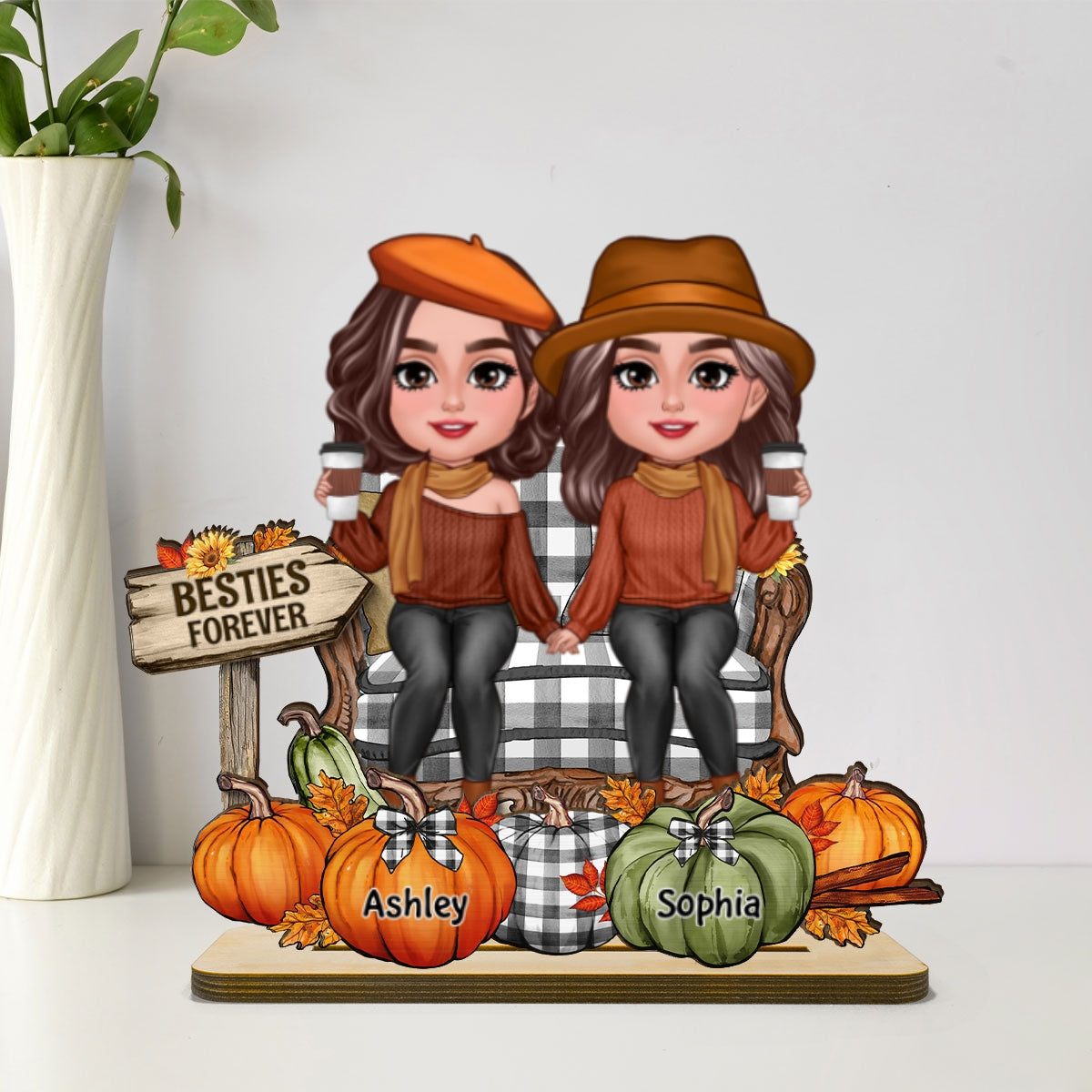 Fall Season Besties Sitting Pumpkins Personalized 2-Layer Standing Wooden Plaque| Fall Season Gift For Best Friends