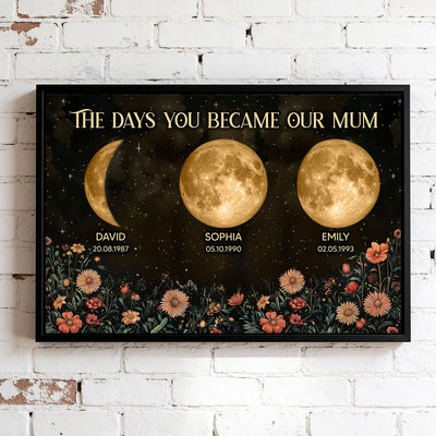 Vintage Flowers The Day You Become Mum Mom Grandma Custom Title And Nickname And Birth Moon Phase - Personalised Poster - Mother's Day Gift For Mum, Grandma