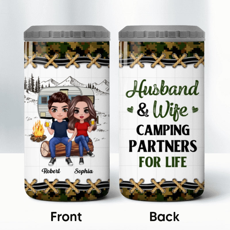 Doll Camping Couple On Wood Log Personalized 4 In 1 Can Cooler