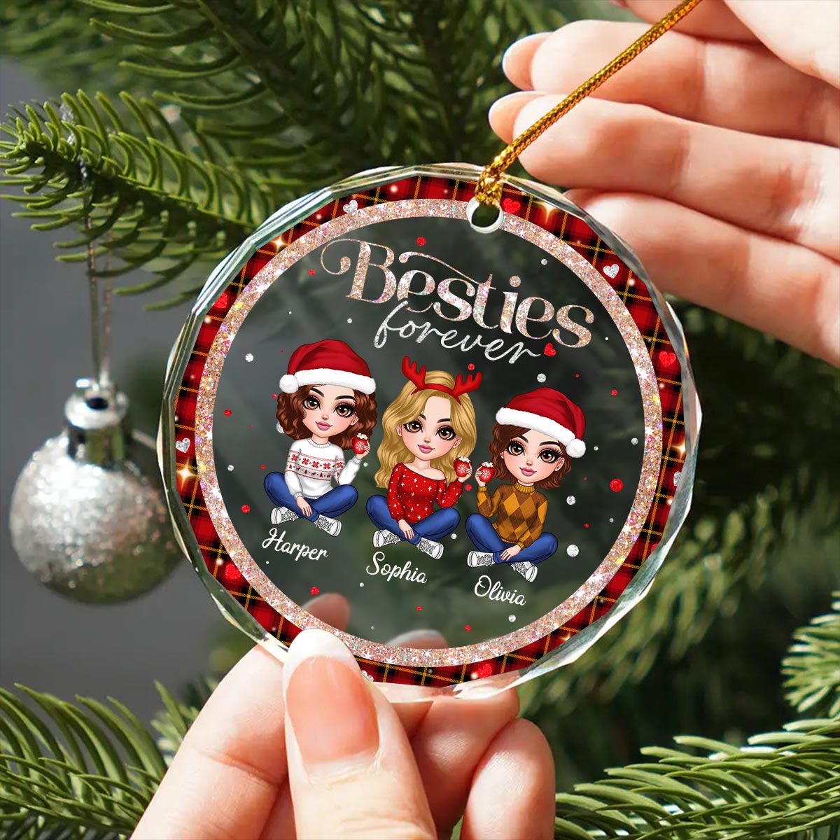 Sparkling Checkered Pattern Lovely Besties Personalized Glass Ornament