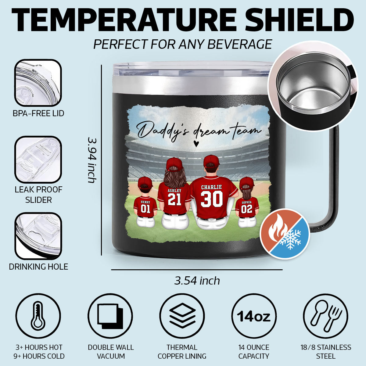 Baseball Daddy's Dream Team Personalized Stainless Steel Tumbler With Handle, Unique 2025 Father's Day Gift For Dad