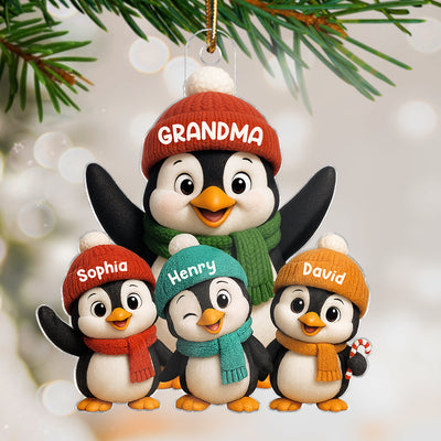 3D Effect Cute Christmas Penguins Grandma Grandkids - Personalized Acrylic Ornament