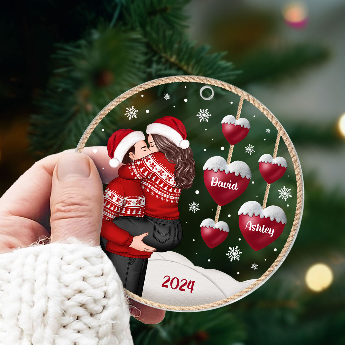 Couple Heartstring Hugging Kissing Personalized Acrylic Ornament, Christmas gift for him, for her