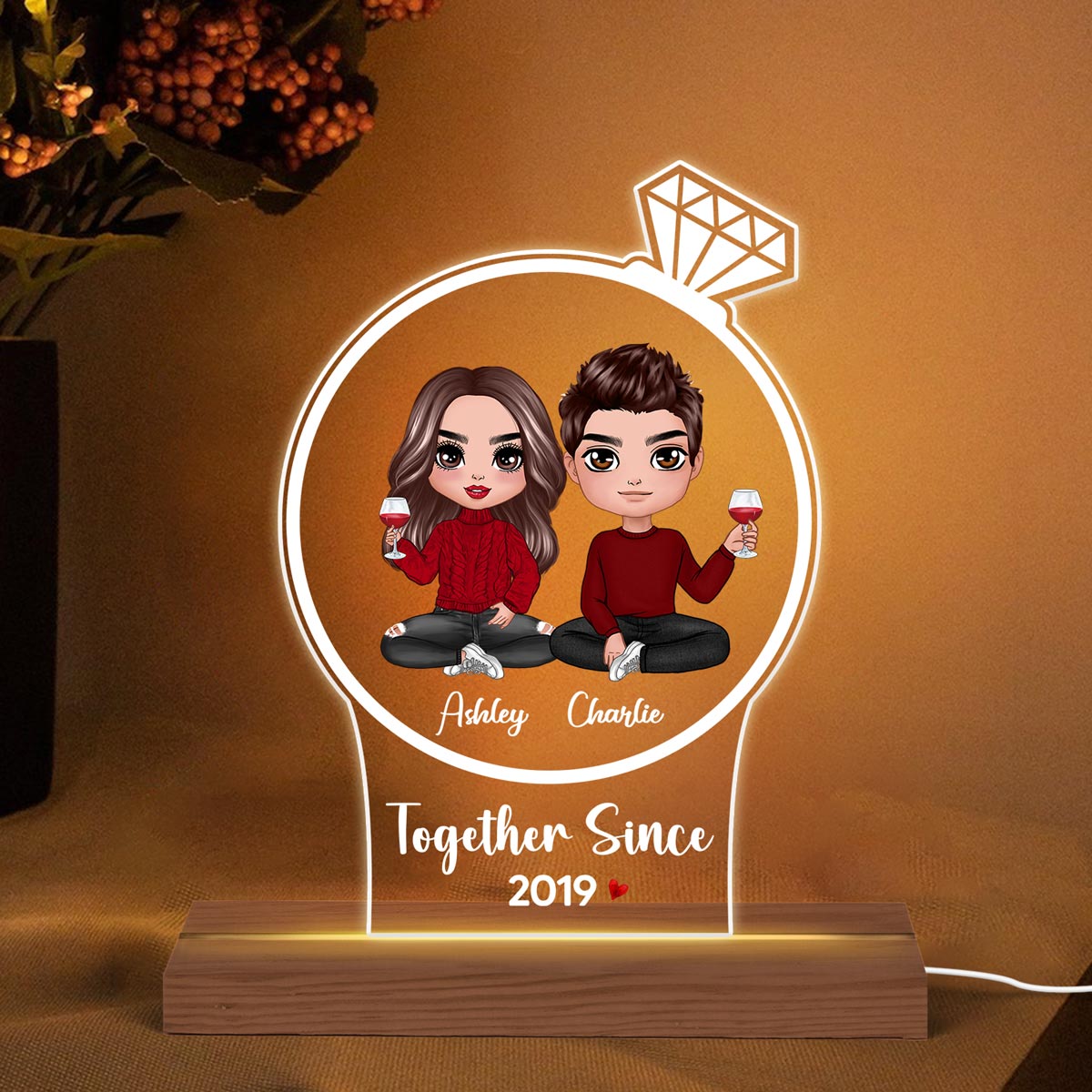Doll Couple Together Since Ring Shaped Personalized Custom Shape Acrylic Plaque With LED Night Light