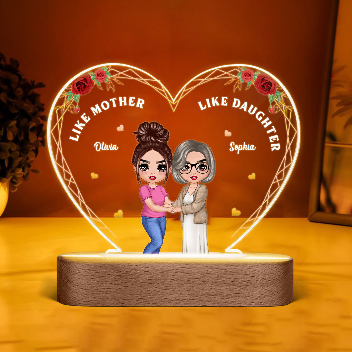 Roses Doll Mother Daughter Hugging Like Mother Like Daughter Personalized Heart Acrylic Plaque LED Night Light