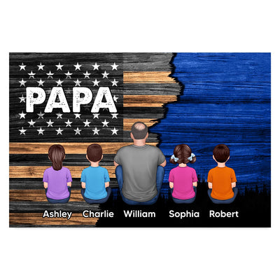 Dad Grandpa Papa Back View Sitting With Kids Half Nation Flag - Personalized Poster