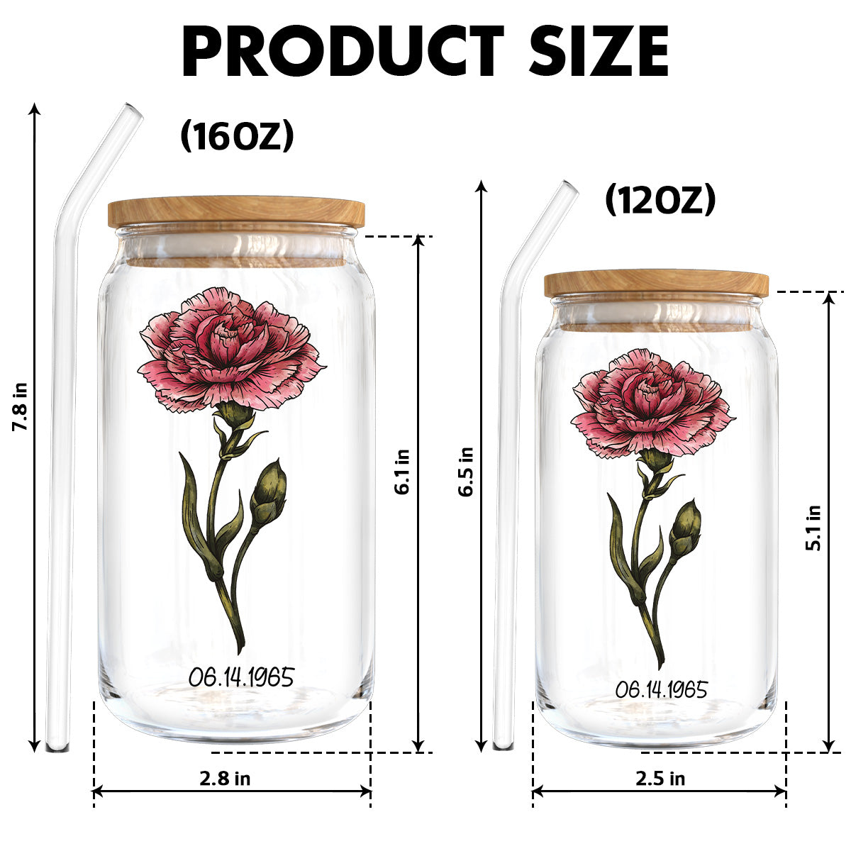 Vintage Birth Flower With Name & Birth Day Gift For Mom Grandma Pretty Woman Personalized Clear Glass Can