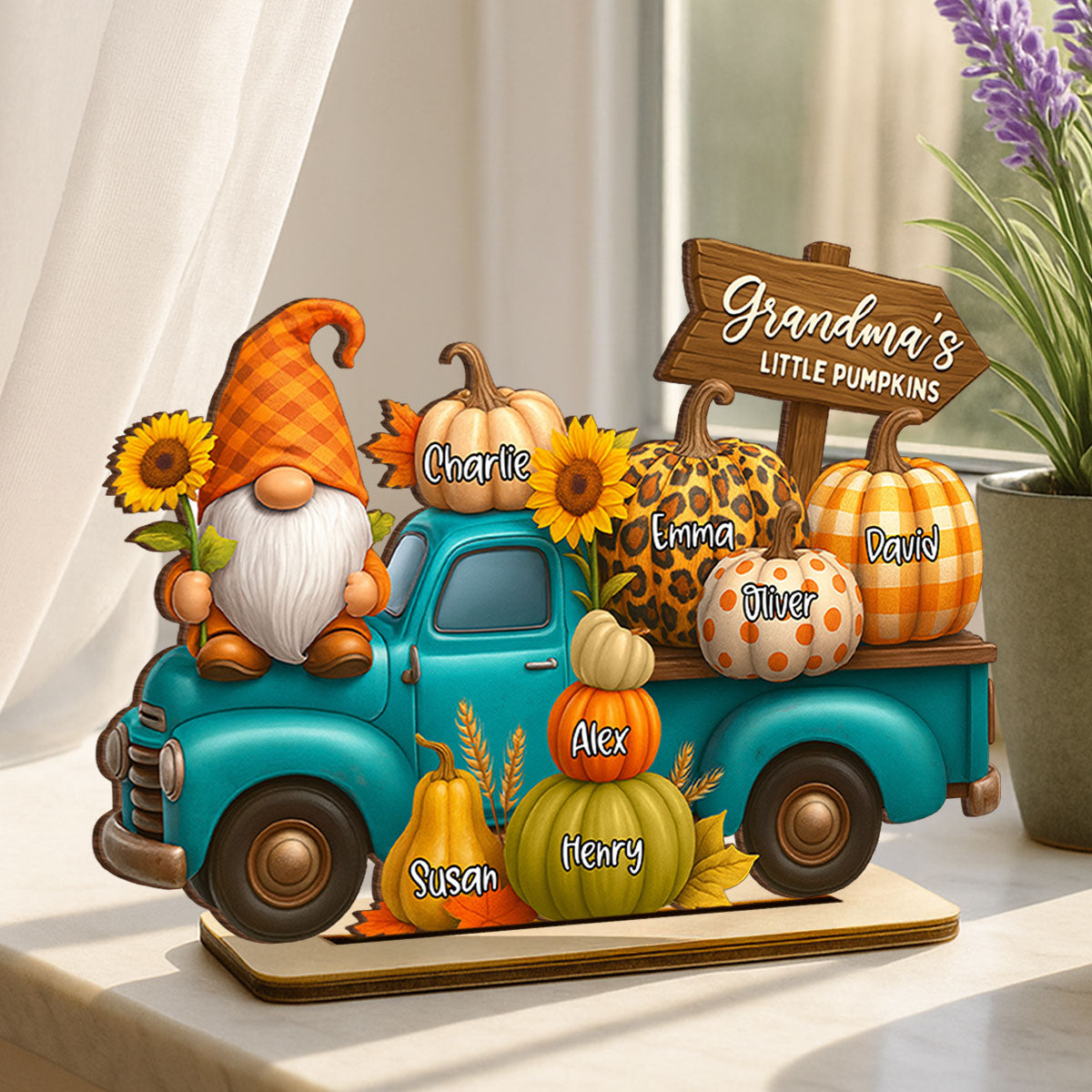 Fall Gnomes Truck Grandma's Pumpkin Personalized Standing Wooden Plaque, Cozy Fall Decor for Grandma