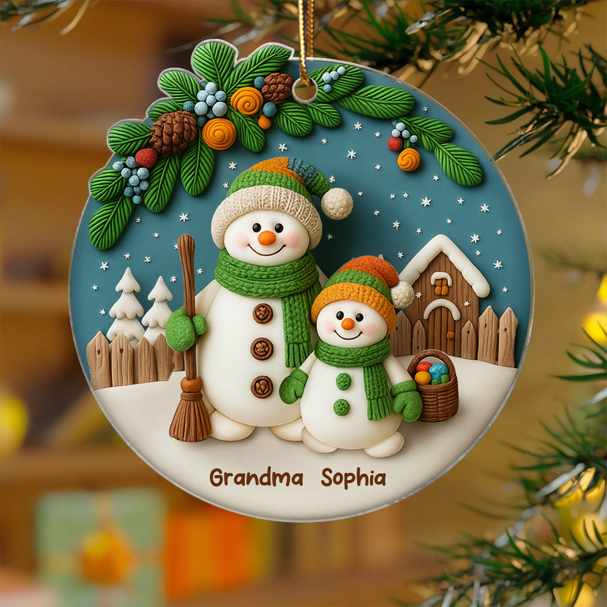 Grandma Grandkids 3D Effect Snowman Personalized Acrylic Ornament