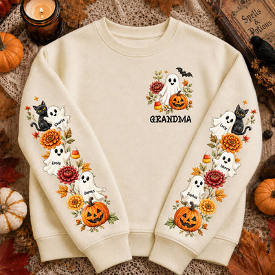 Retro Vintage Floral Grandma Boo Crew - Personalized Sleeve Printed Sweatshirt - Fall Halloween Gift For Grandma