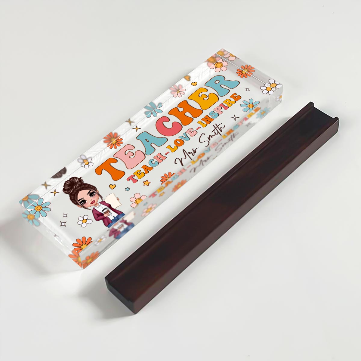 Teacher Groovy Flower Personalized Acrylic Desk Name Plate, Gift For Teacher, Office Decor