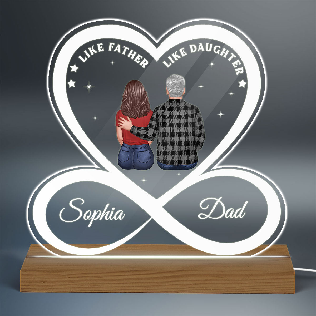 Like Father Like Daughter Son Back View Dad And Daughter Son Standing Infinity Heart Personalized Custom Shape Acrylic Plaque Warm LED Night Light