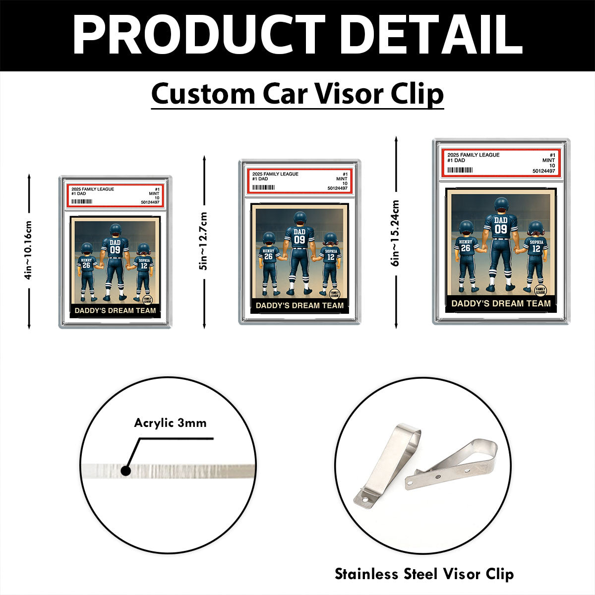Football No. 1 Dad Man & Kids Trading Card Style Personalized Acrylic Car Visor Clip