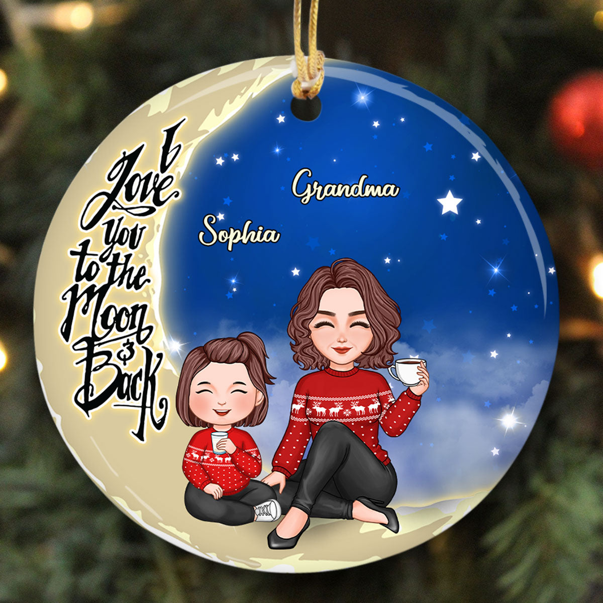 Cute Grandma Grandkids On Moon Christmas Personalized Circle Ornament