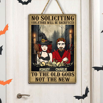 No Soliciting Halloween Couple Perosnalized Wood Sign, Door Hanger, Outside Decor