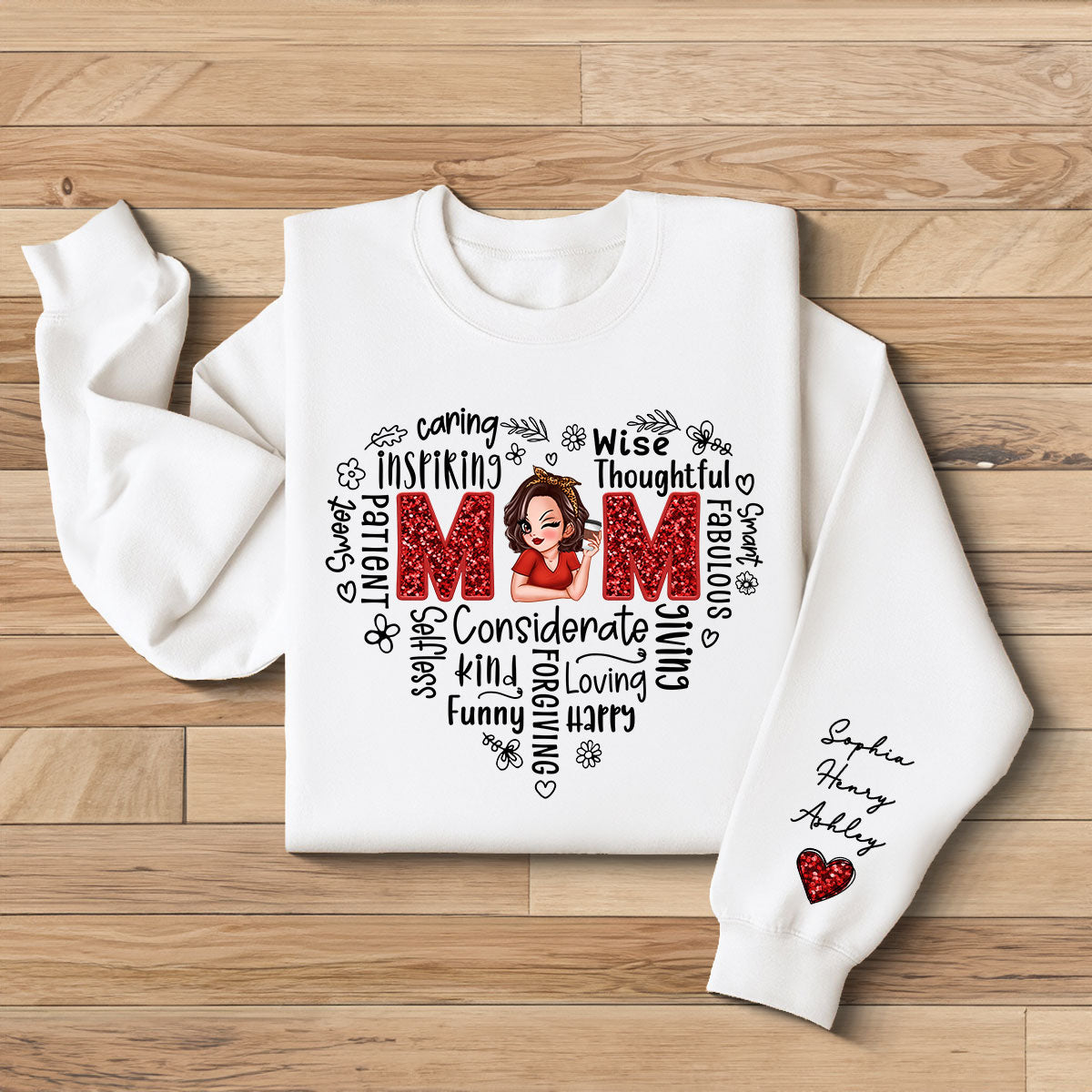 Mom Word Art Pretty Woman With Kids Names On Sleeve Personalized Sleeve Printed Sweatshirt