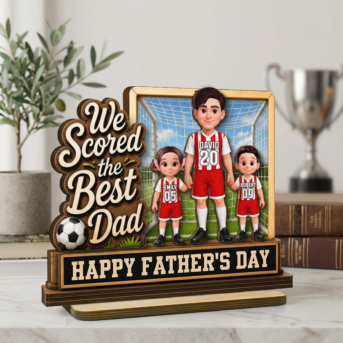 We Scored The Best Dad Dad & Kids In Goal 2D Flat - Personalized 2-Layered Wooden Plaque - Father's Day Gift For Soccer Dad, UK Football Dad