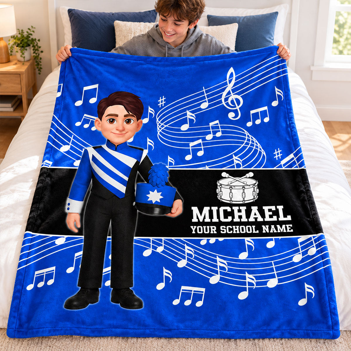 Custom Music Marching Band, Orchestra, Personalized Name, Color, School, Instrument, Trumpet, Clarinet, Tuba, Violine - Personalized Fleece Blanket - Christmas Gift For Son, Grandson, Daughter, Granddaughter