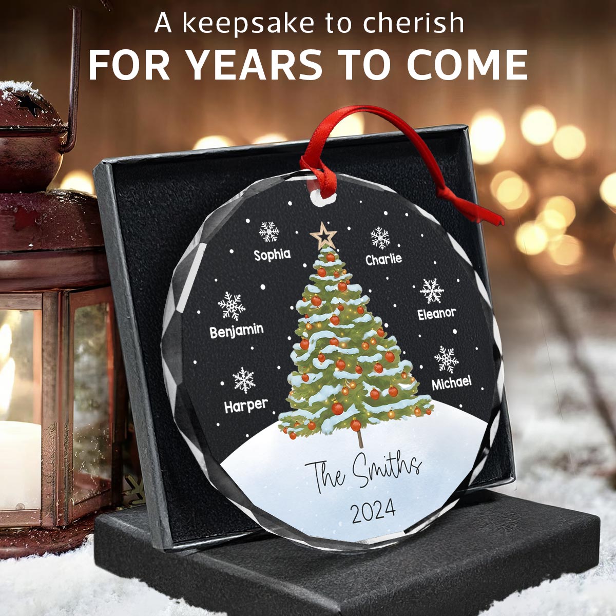 Watercolor Christmas Tree Family Names Personalized Glass Ornament
