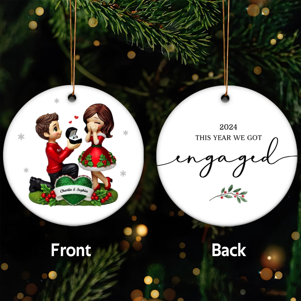 This Year We Got Engaged Personalized Ceramic Ornament, Custom Just Engaged Gifts for Couples