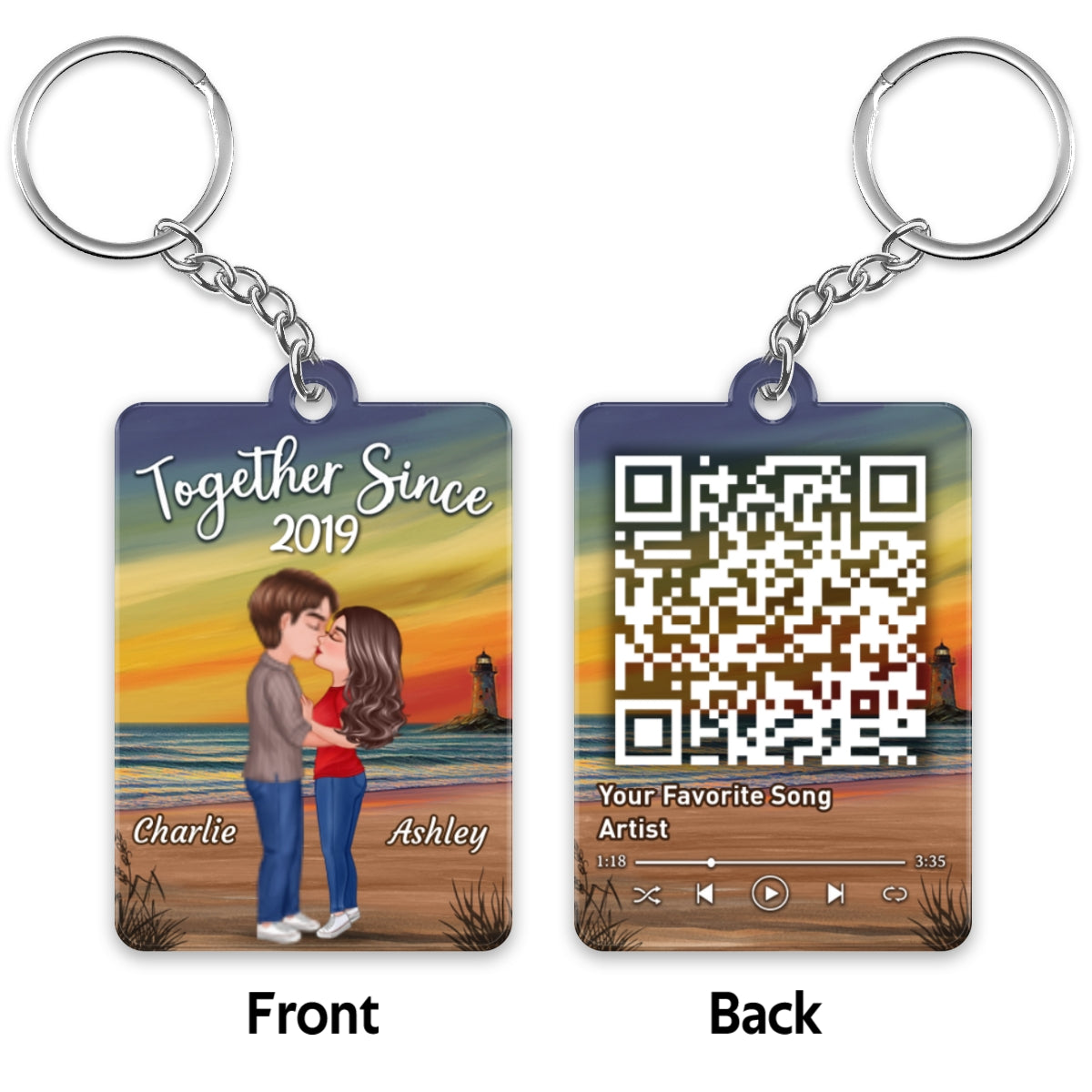 Summer Doll Couple Kissing Sunset Beach Favorite Song Scannable QR Code Personalized Acrylic Keychain