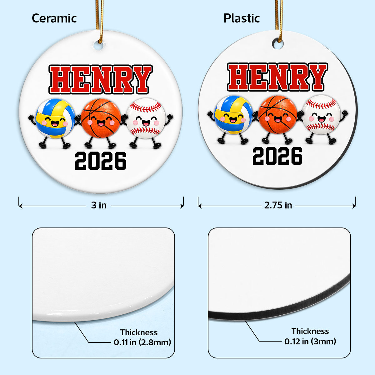 Multiple Sports Player 2D Flat - Personalized Ceramic Ornament - Christmas Gift For Kid, Teen, Soccer, Basketball, Baseball, Softball, Football, Volleyball Athlete