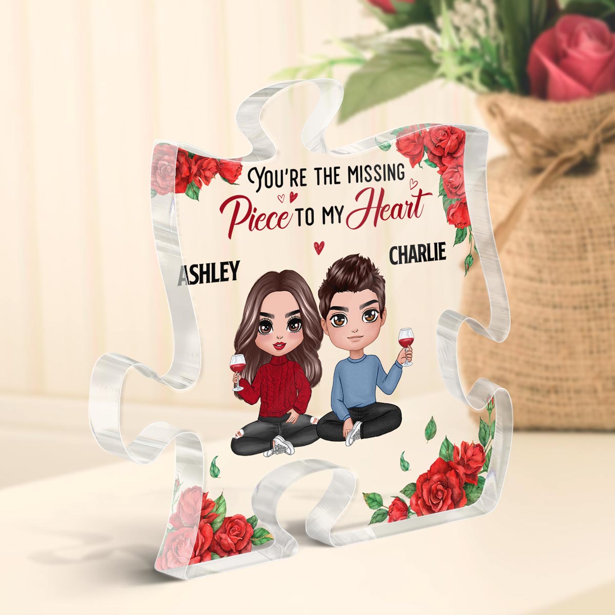 Rose Pattern Doll Couple Sitting Gift For Him For Her Personalized Puzzle Acrylic Plaque