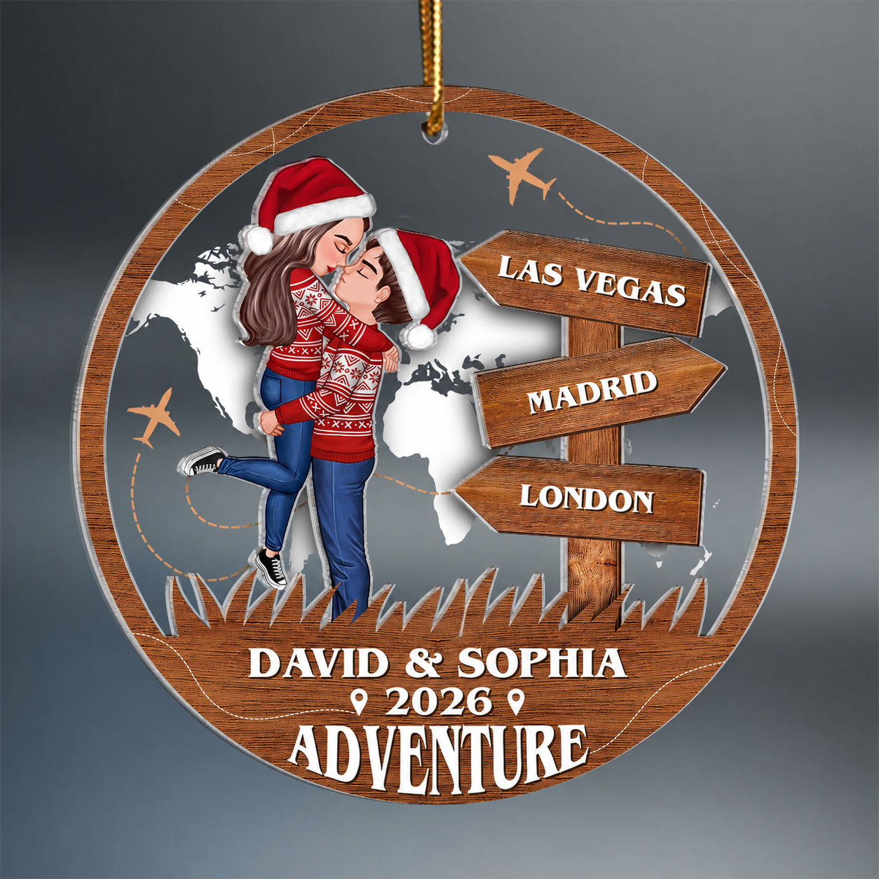 Adventure Kissing Couple Personalized 2-Layer Acrylic Ornament, Christmas Gift For Couple, Gift For Travelers