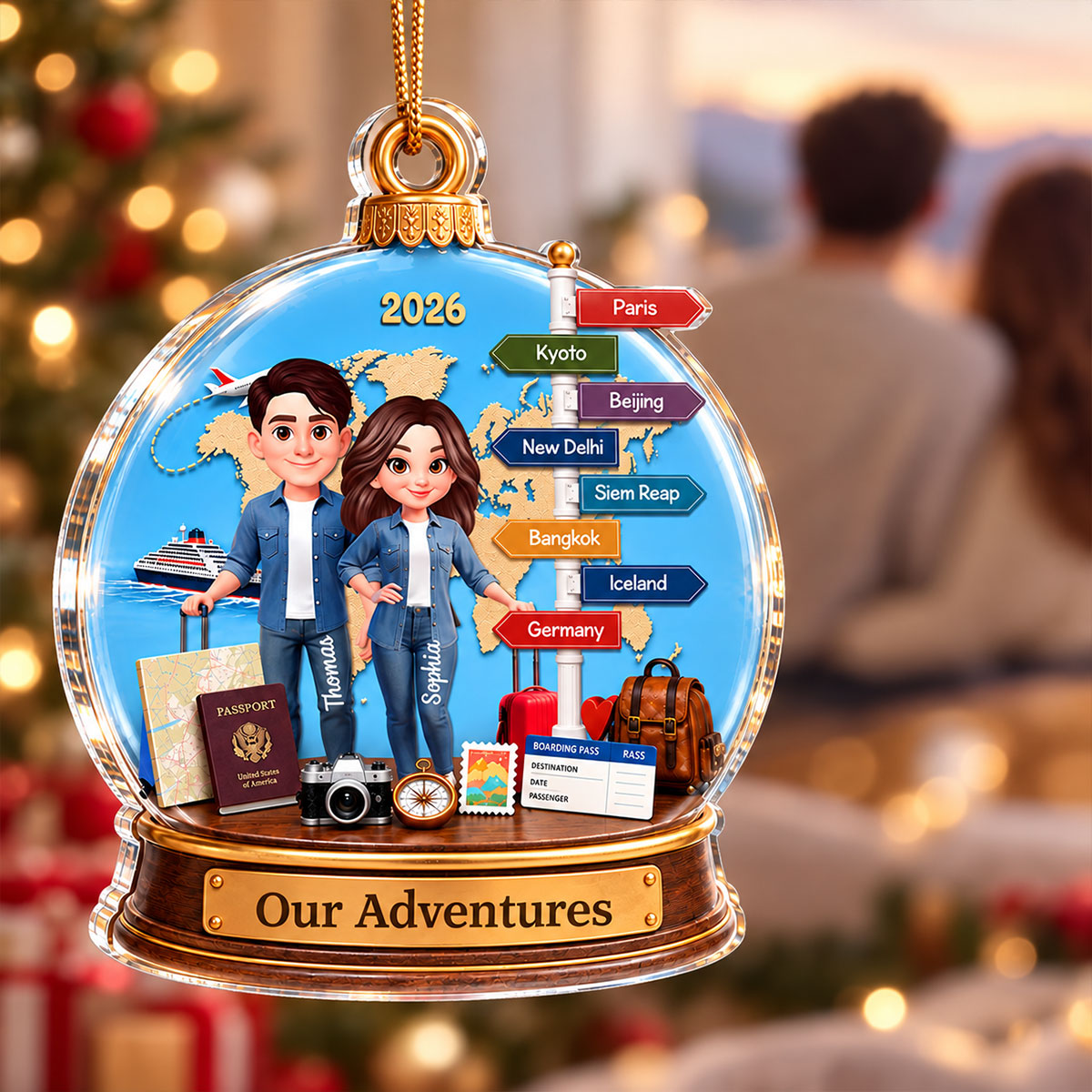 Couple Traveling Destination Travel Adventure 2D Flat - Personalized Acrylic Ornament - Christmas Keepsake, Couple Travelling Gifts