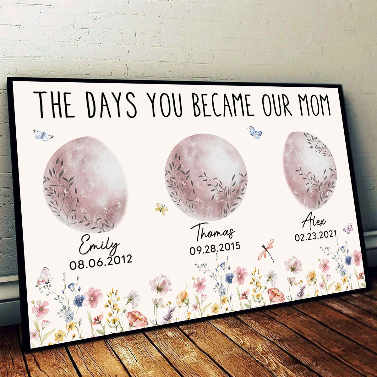 Wild Flowers The Day You Become Mom Grandma Custom Floral Birth Moon Phase Personalized Poster, Gift