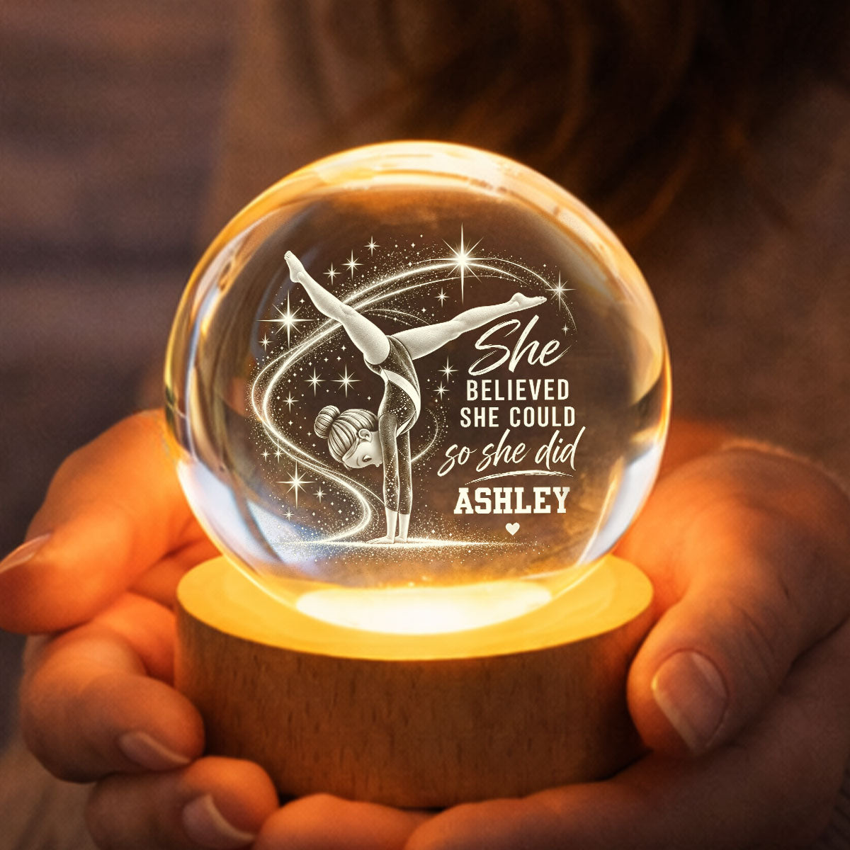 Beautiful Gymnastic Girl She Believed She Could So She Did - Personalized Crystal Ball LED Night Light - Christmas Gift For Gymnastic Girl, Gymnast, Daughter, Granddaughter