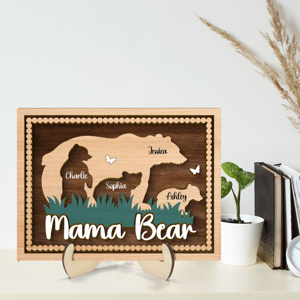 Mama Bear With Kids Names Personalized 2-Layer Wooden Plaque