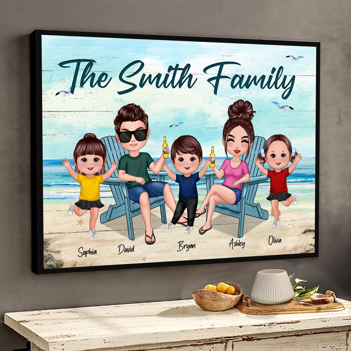 Whole Doll Family Couple Dad Mom Kids Dogs Cats Sitting Beach Landscape Personalized Horizontal Poster