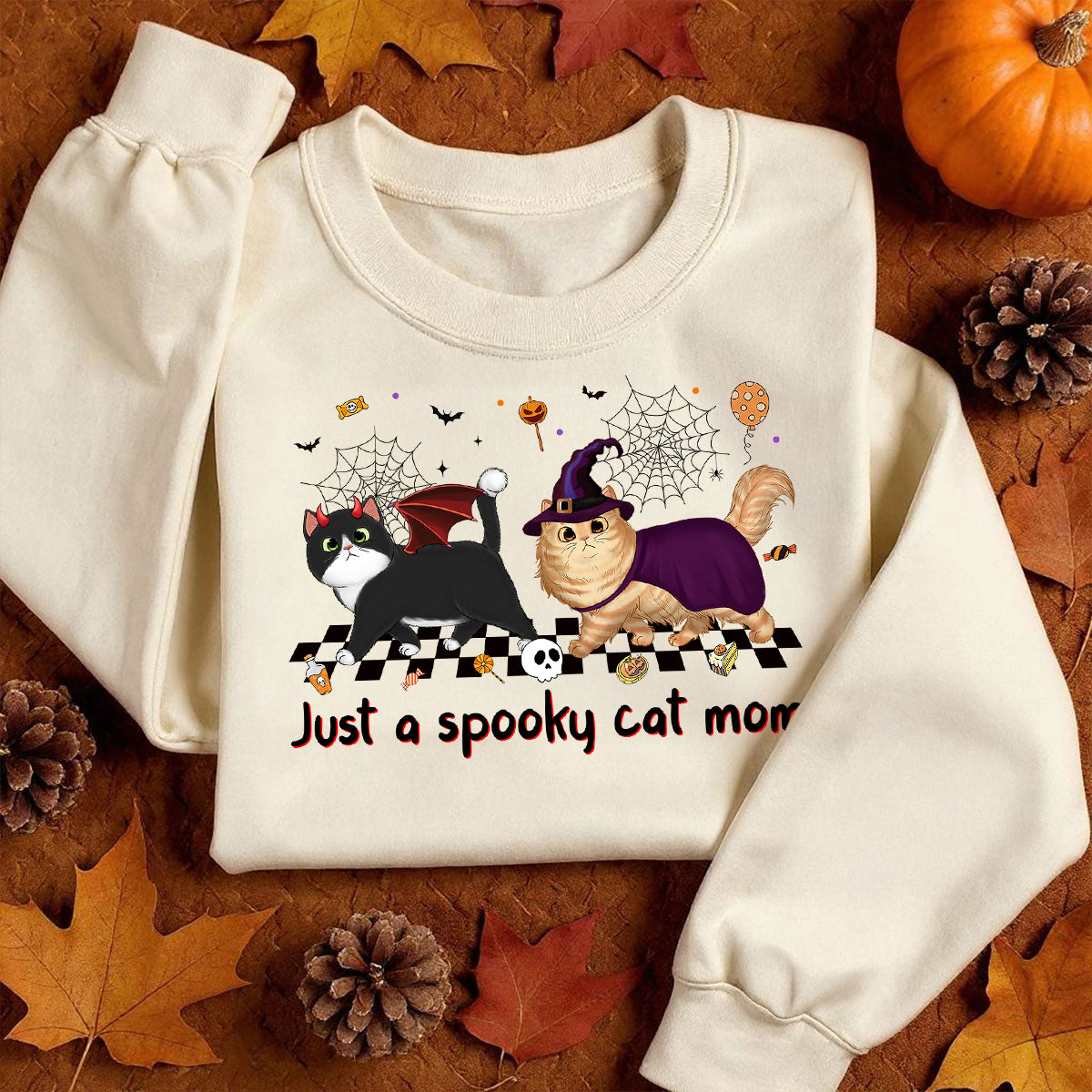 Just A Spooky Cat Mom Fluffy Cat Personalized Sweatshirt, Halloween Costume For Cat Lover