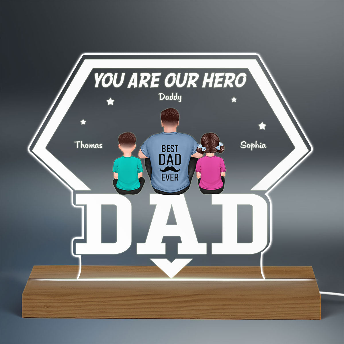 You Are Our Hero Back View Sitting Man Kids Dog Cat Personalized Custom Shaped Acrylic Plaque With LED Night Light