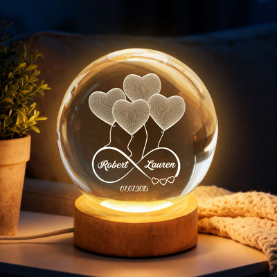 Couple Infinity Love Heart Balloon - Personalized Crystal Ball LED Night Light - Sentimental Gift for Her, for Him, Couple Keepsake