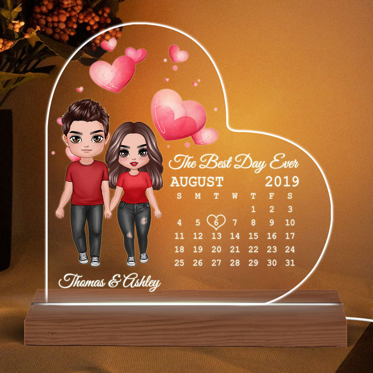 Doll Couple Standing Calendar Anniversary Date Personalized Heart Shaped Acrylic Plaque With LED Night Light - Anniversary Gift For Couple - Gift For Him, Gift For Her