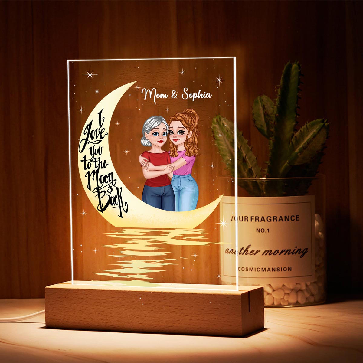 Love To The Moon Hugging Cartoon Mother Daughter In Moon Light Personalized Rectangle Acrylic Plaque With LED Night Light