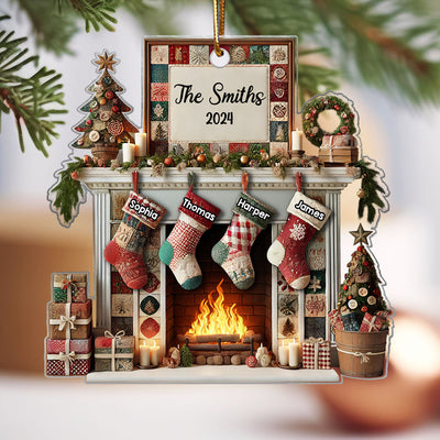 3D Effect Quilting Patchwork Fabric Patterns Fireplace Family Names Christmas Personalized Acrylic Ornament