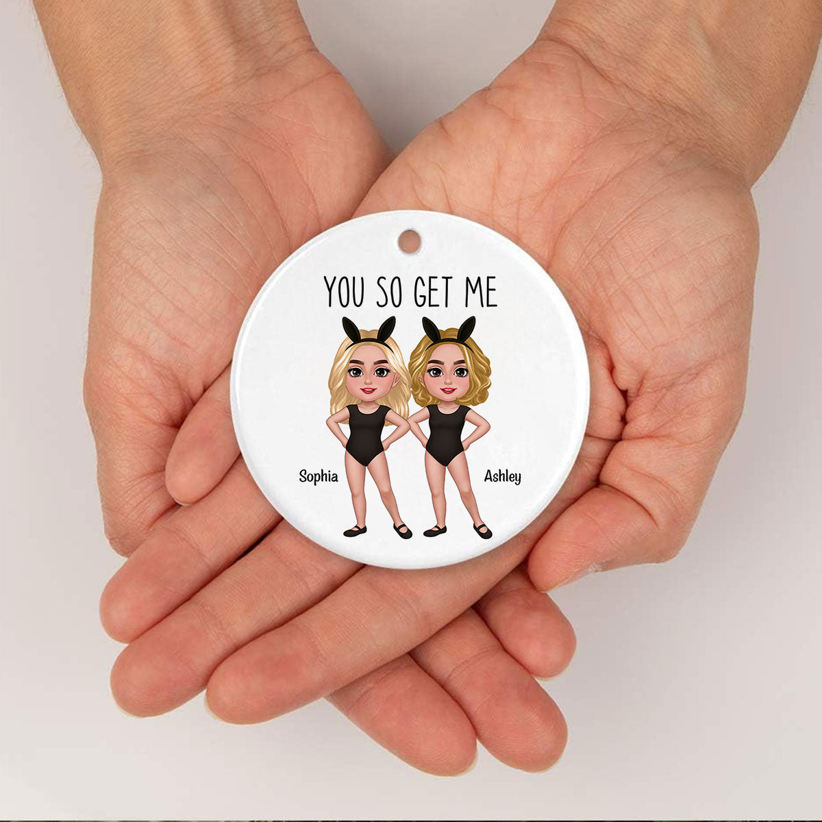 Besties Sisters With Bunny Ears Personalized Circle Ceramic Ornament, Funny Gift for Besties, Friends
