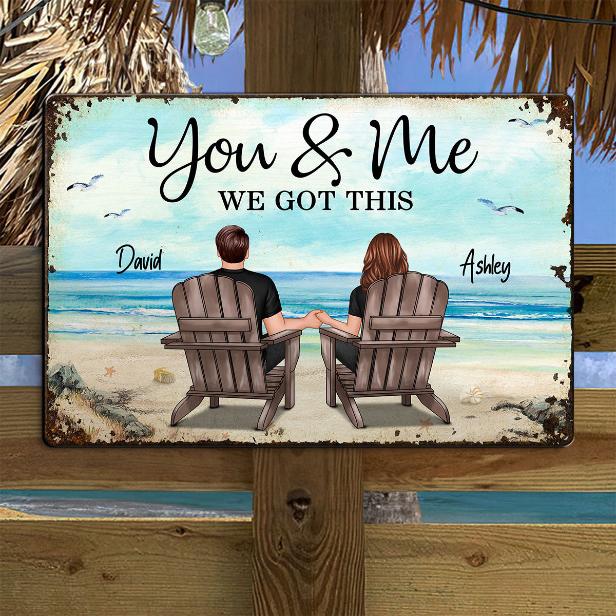 Back View Couple Sitting Beach Landscape Personalized Metal Sign