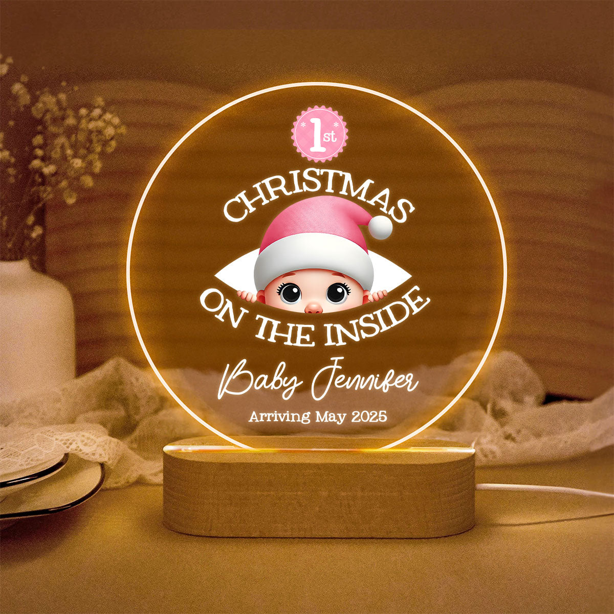 Personalized Baby's First Christmas On the Inside Acrylic LED Night Light, Custom Pregnancy Reveal LED, Expecting Parents