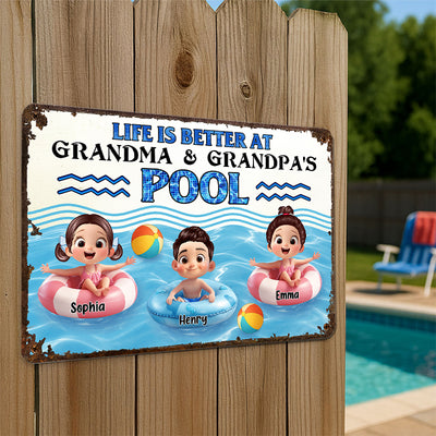 Life is Better at Grandma & Grandpa Pool Personalized Metal Sign, Grandchildren Welcome Sign