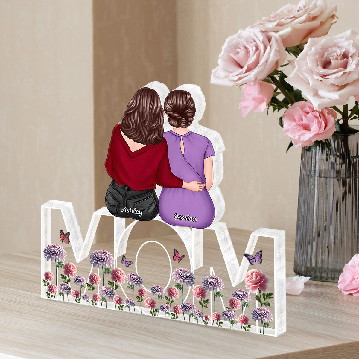 Birth Flowers Mom And Daughters Sons Sitting On Text Personalized Acrylic Block Plaque, Gift