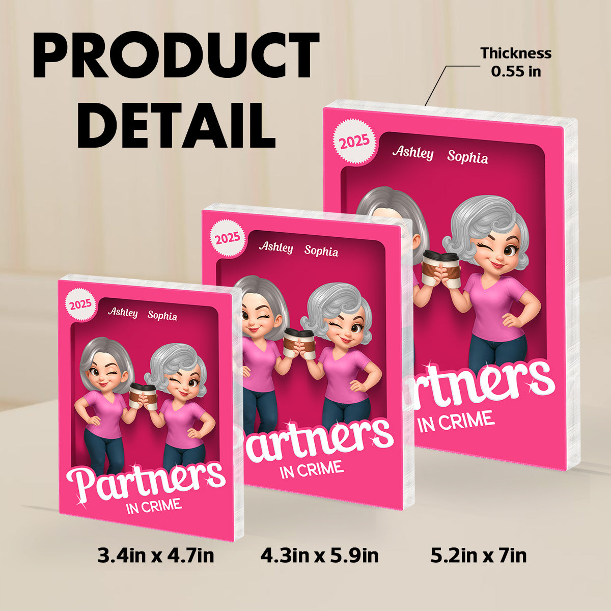 Besties Forever Pink Action Figure 3D Effect Personalized Acrylic Block, Meaningful Gift For Best Friend