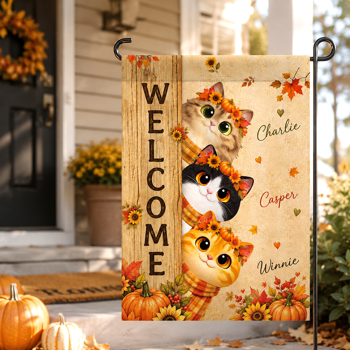 Cozy Fall Cat Welcome - Personalized Garden Flag