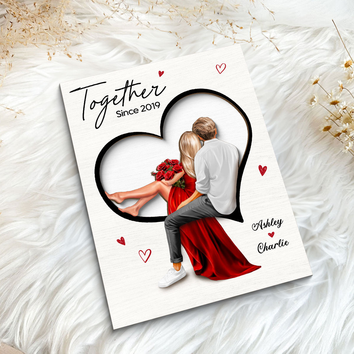 Couple Sitting On Heart Engraved Personalized 2-Layer Wooden Plaque,  gift, Anniversary Gift for Couples