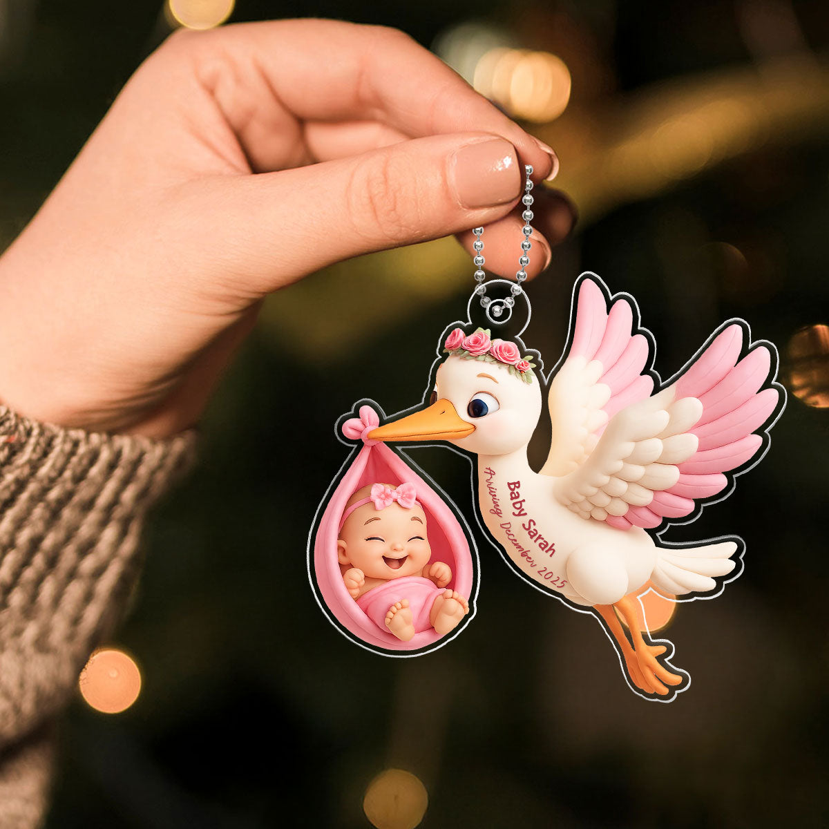 3D Effect Cute Stork And Baby Personalized Acrylic Ornament, Heartfelt First Gift for Pregnant Mom