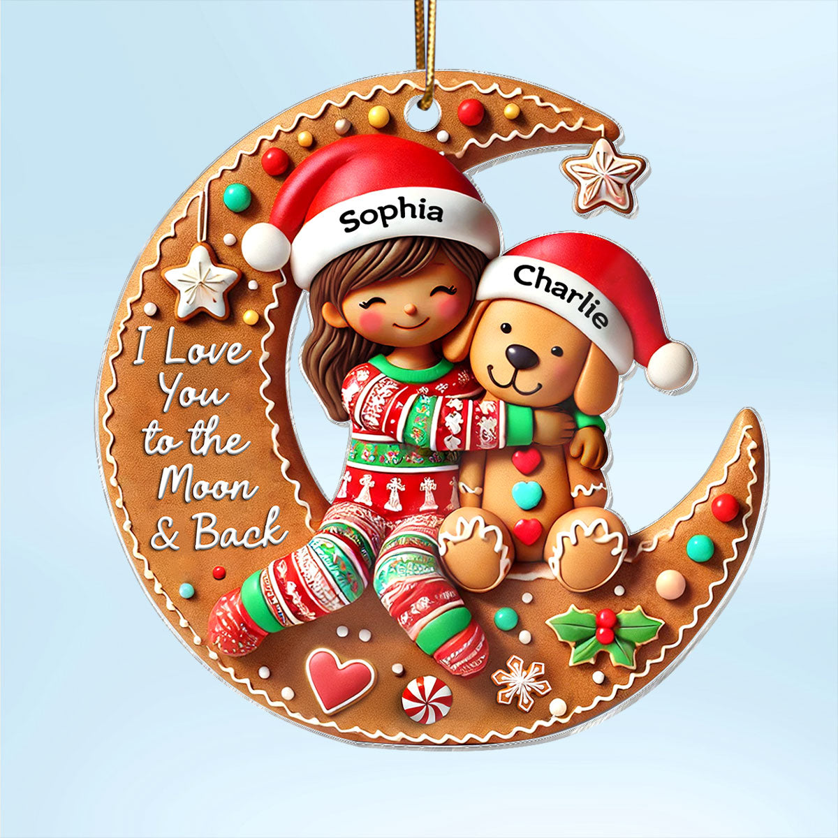 3D Effect Woman Girl And Dog I Love You To The Moon And The Back Personalized Acrylic Ornament, Christmas Gift For Dog Lovers