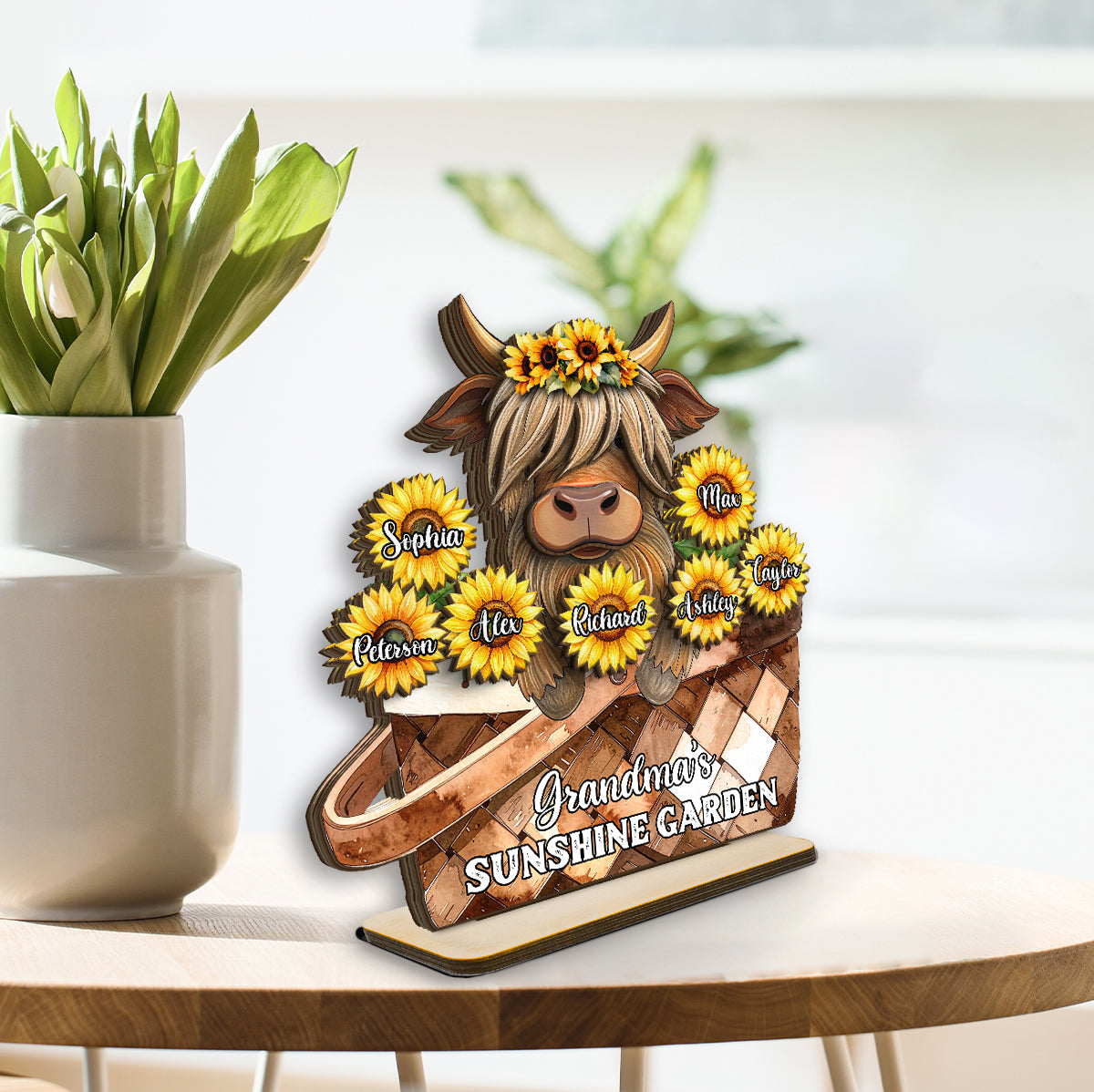 Cute Highland Cow Sunflower with Grandkids’ Names Sunny Vibe Personalized 2-Layer Standing Wooden Plaque